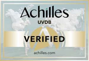 Geometric world map poster reading 'Achilles' with 'UVDB' and large 'VERIFIED'; shows achilles.com at bottom.