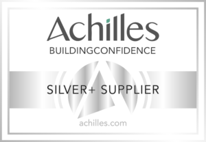 Logo for Achilles: 'BUILDING CONFIDENCE' with a silver circular emblem and the site achilles.com, on black background (Silver+ Supplier badge).