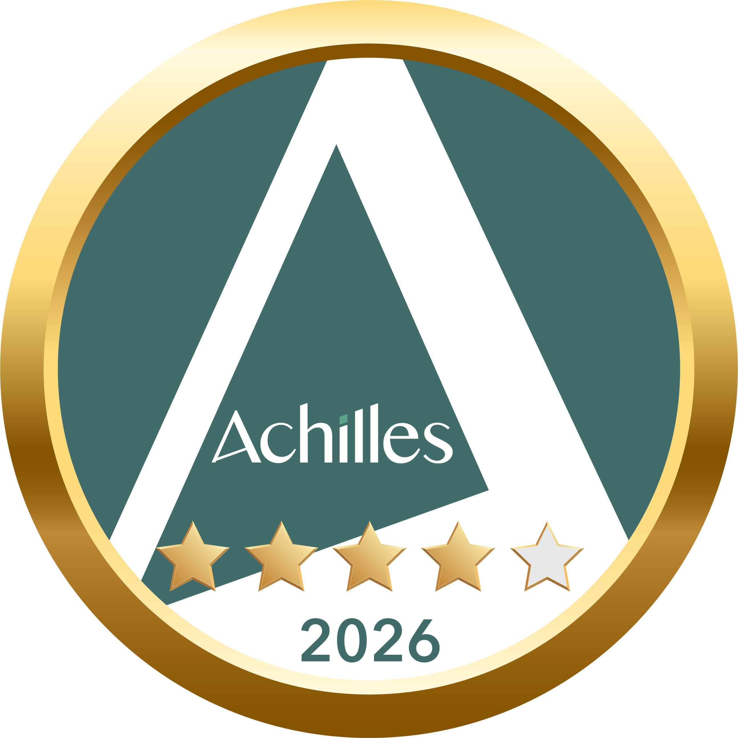 Award badge: teal circular emblem with a gold rim, displaying the word 'Achilles' and the year 2026, with a row of gold stars beneath.