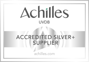 Achilles UVDB Accredited Silver+ Supplier logo on black background with achilles.com text nearby